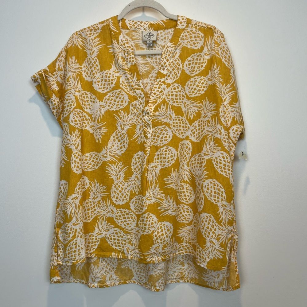 St. John's Bay Yellow Pineapple Linen Blend Lagenlook Popover Blouse NWT SZ Med